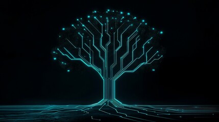 Futuristic digital tree with glowing turquoise circuit board branches and roots on dark background.
