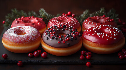 A row of six donuts with red frosting and sprinkles