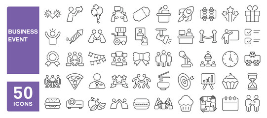 Set of 50 line icons related to business event, planning, meeting, celebration, invitation, organization, work, snacks, presentation, Editable stroke. Vector illustration