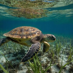 Fototapeta premium A sea turtle swimming through a bed of seagrass.