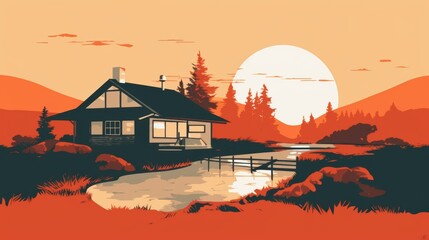 A serene cabin surrounded by nature at sunset, showcasing a warm orange palette and tranquil waters.
