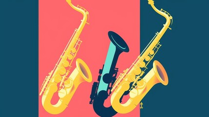 Naklejka premium A vibrant illustration featuring three saxophones in yellow, teal, and black against a colorful backdrop.