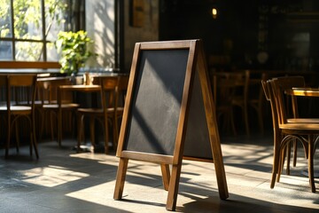 Wooden A-Frame Chalkboard Stand in Brightly Lit Cafeteria with Empty Chairs and Tables, Perfect for Menu Display and Creative Art in a Cozy Atmosphere