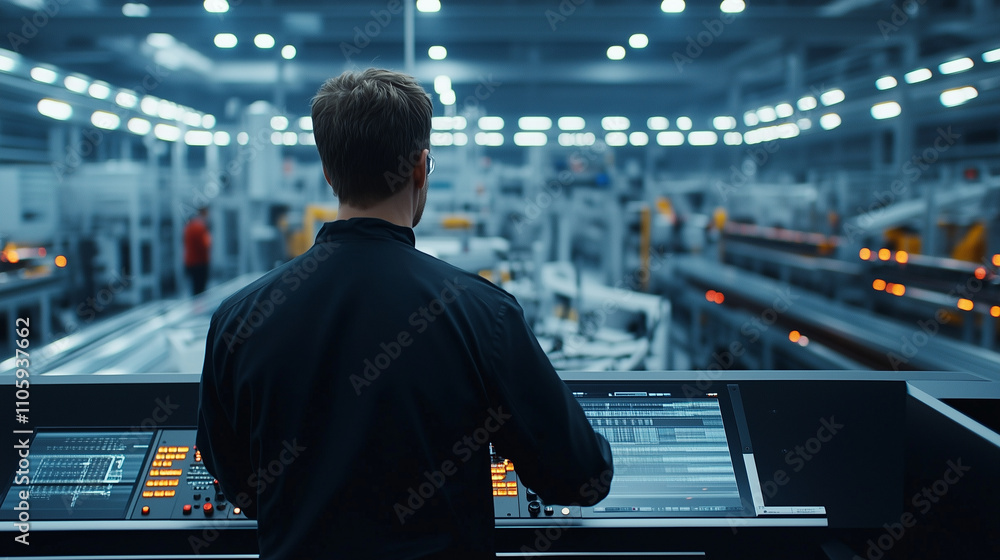Poster an engineer standing near a control panel, looking at a large factory floor filled with moving conve