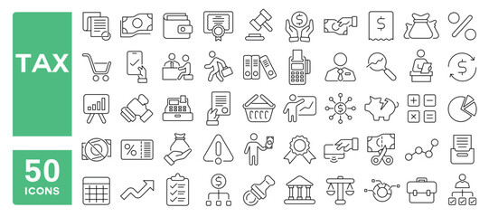 Set of 50 line icons related to tax, accountant, financial, analysis, report, statement, evaluation, profit, inspection, invoice, Editable stroke. Vector illustration