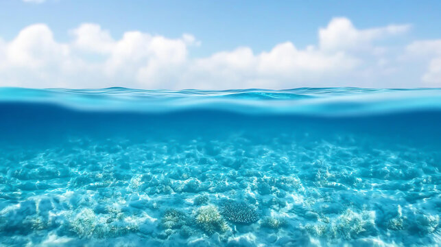 Landscape background Crystal clear ocean waters reveal vibrant coral reefs beneath surface, creating serene underwater landscape. tranquil blue hues evoke sense of peace and beauty - Powered by Adobe
