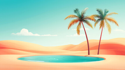 Obraz premium Landscape background serene desert oasis featuring small pool of water surrounded by vibrant palm trees, creating tranquil and picturesque landscape