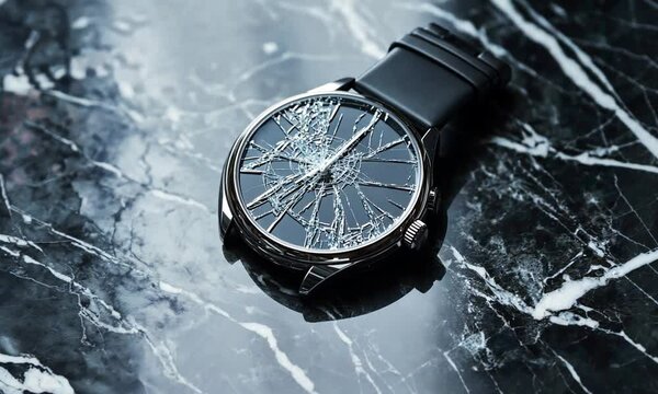 A broken watch with a shattered glass face resting on a marble surface.