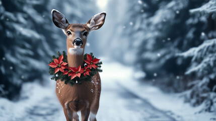 A serene scene of a deer proudly wearing a holiday wreath filled with poinsettias, standing on a snow-covered path with a backdrop of frosted pine trees.