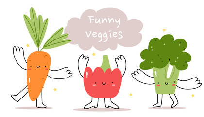 Funny vegetables. Carrots, peppers and broccoli dancing on a white background. The concept of veganism and healthy food. Happy cute vegetable character with plant with smiling face
