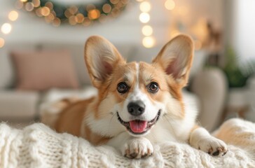 Happy corgi lying on soft blanket indoors.