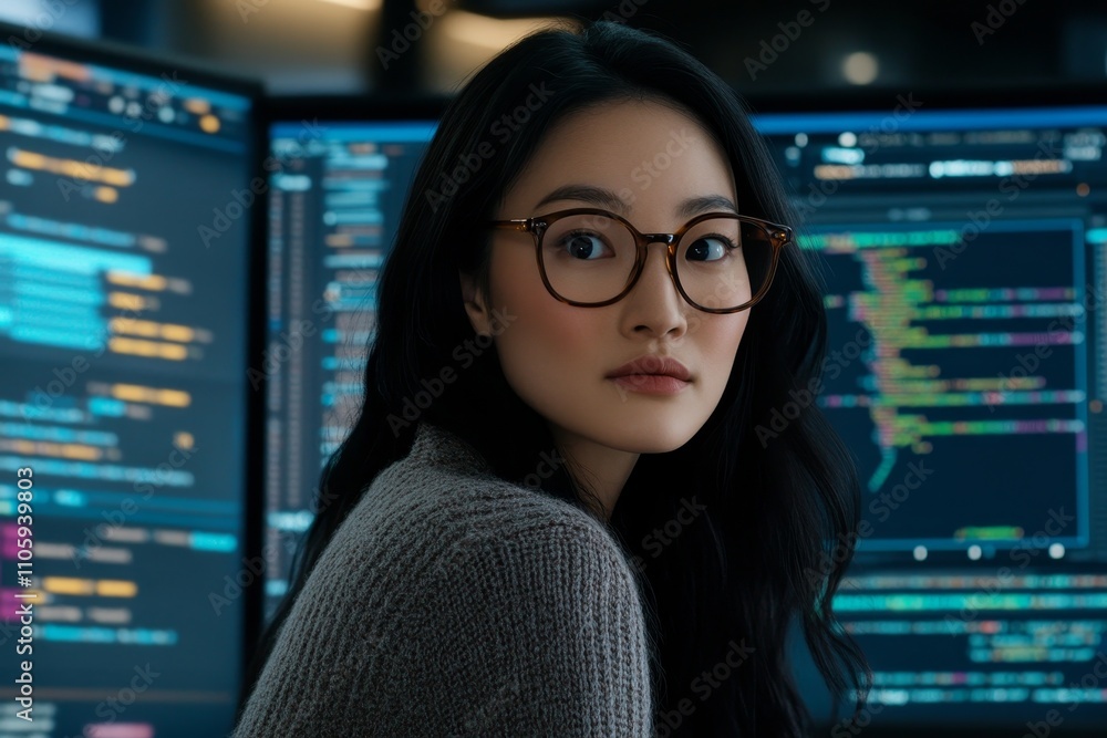 Poster young woman with glasses looking thoughtfully at computer screens filled with code, representing tec