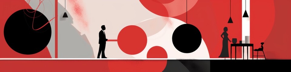 A silhouette scene featuring a man in a suit and a woman beside a table, all amidst bold red and black abstract shapes.