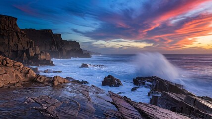 Obraz premium Dramatic Rocky Coastline at Twilight with Crashing Waves and Cliffs