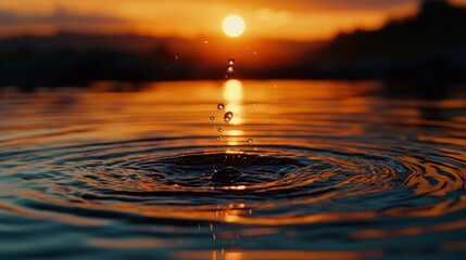 Ripples water create dynamic pattern as sun sets casting warm colors surface evoking tranquility and sense serenity minimalist manner.