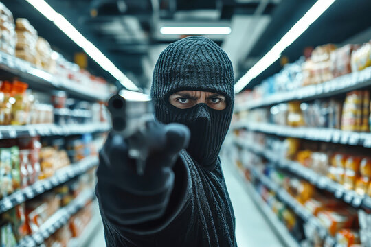 A man in a balaclava and mask threatens with a gun in a grocery store during a robbery