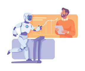 Robot Interact with Man in Business Process as Smart Android Assistant Machine Vector Illustration