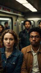 Obraz premium Diverse group of people commuting in a subway car.