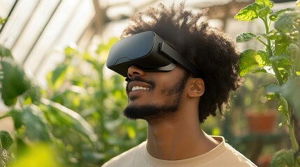 Smiling Man Experiencing Virtual Reality in Greenhouse Environment