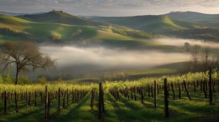 Naklejka premium Serene Tuscan Landscape at Sunrise with Mist and Vineyards