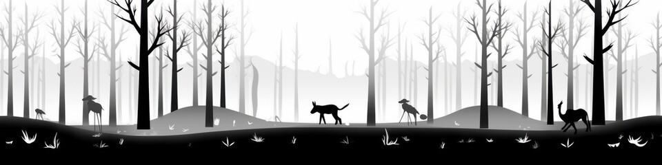 A tranquil black and white silhouette of various animals, including deer and dogs, in a misty forest setting.