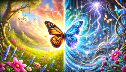 A surreal digital painting of a butterfly undergoing a magical transformation