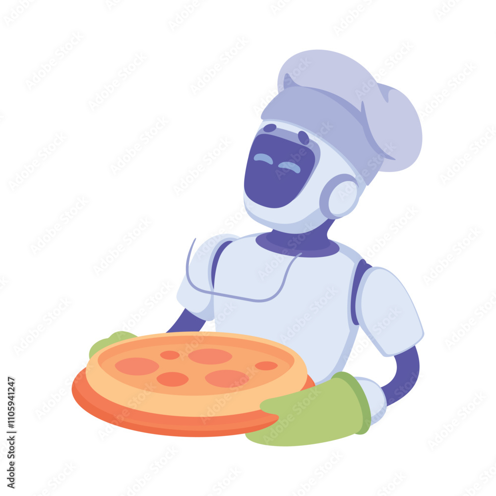 Poster robot hold pizza as smart android assistant machine vector illustration
