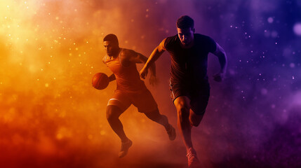 Two athletes in a powerful stance, surrounded by glowing orange and deep purple hues, with a textured sports background adding depth to the image.