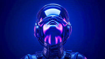 A mesmerizing portrait of a cybernetic explorer adorned with sleek headphones and visor, illuminated by vibrant neon colors. Captures the essence of futuristic technology.
