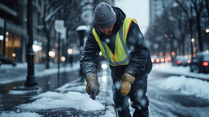 A diligent city worker dressed in a thick winter coat and reflective vest, wearing insulated gloves, carefully spreads salt onto a frosty, ice-covered sidewalk under the pale light