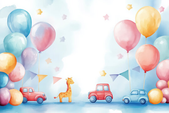 Watercolour illustration for a birthday boy. Pastel blue theme with toy cars, balloons, animals and bunting