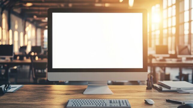 Modern Office Workspace with Blank Computer Screen at Sunset