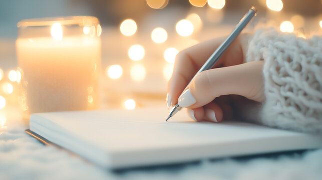 woman writes in journal by candlelight, creating cozy atmosphere
