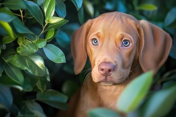 Chocolate-colored Labrador Retriever dog hunting with his master walking on the river. Beautiful simple AI generated image