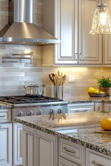 Modern kitchen with elegant design, featuring granite countertops and stainless appliances.