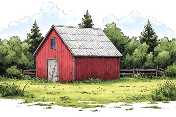 Obraz premium A Charming Red Barn nestled in a Lush Green Meadow under a Summer Sky.