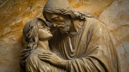 Jesus Embracing a Woman in Serene Sculpture