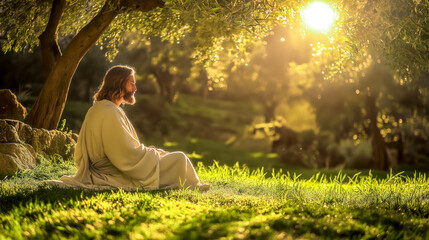 A serene scene of a figure meditating under a tree, basking in the warm sunlight of a tranquil landscape. A perfect representation of peace and contemplation in nature.