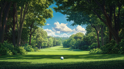 The golf ball is on a green lawn in a beautiful golf course with morning sunshine.