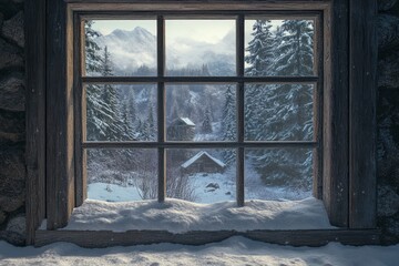 Winter Cabin Window View Snowy Mountains Forest