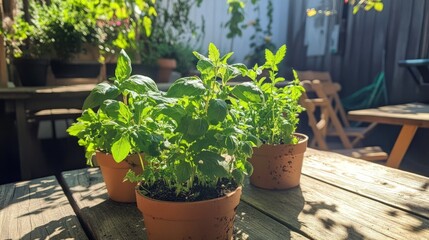 Sunlit Herb Garden: Basil, Mint, and Lemon Balm in Terracotta Pots