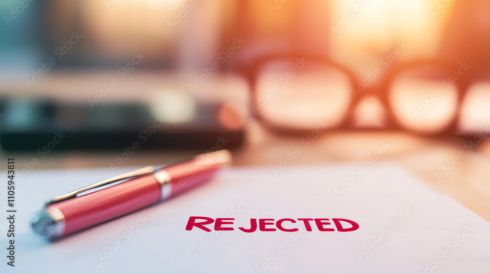 Poster rejected document with bold red text on desk, symbolizing disappointment and failure. pen and glasse