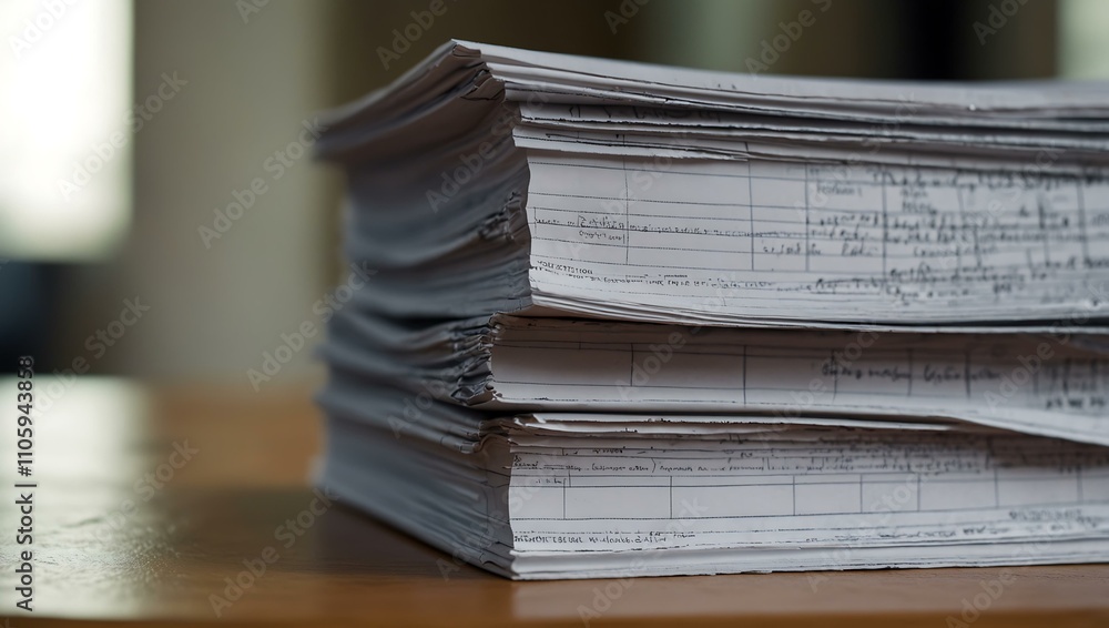 Poster documents stacked on a desk with a blurred background.