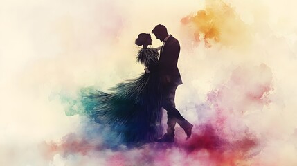 Colorful silhouette of a dancing couple with flowing attire amidst vibrant abstract watercolor textures