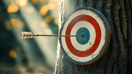 A striking image of an arrow embedded in a colorful target mounted on a tree, surrounded by warm sunlight, capturing the essence of precision and focus.