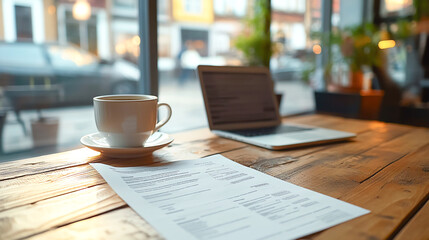 cozy workspace with coffee cup and insurance invoice on table