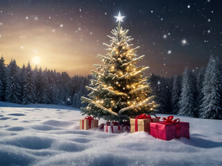 Christmas Tree on snow and gift boxes in snowy forest.