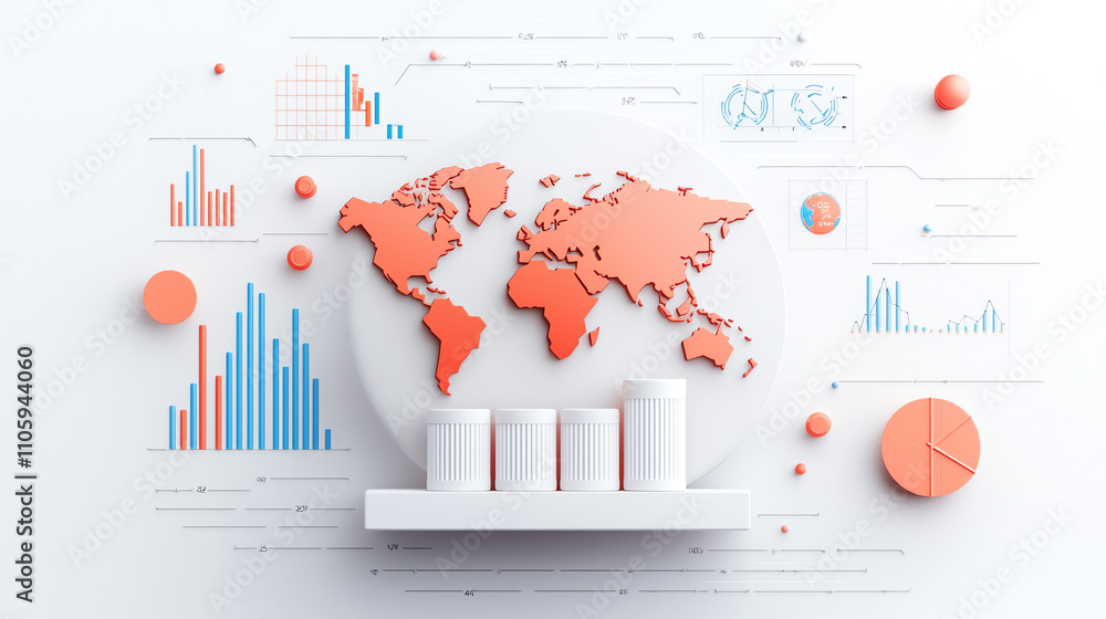 Poster 3d illustration of world map with data charts and graphs, highlighting global trade and economic tre