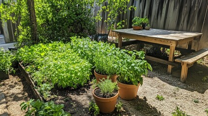 Serene Backyard Herb Garden with Rustic Wooden Table