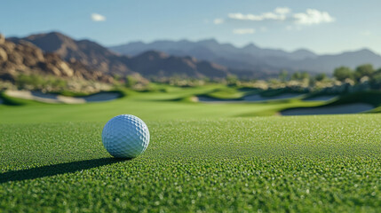 The golf ball is on a green lawn in a beautiful golf course with morning sunshine.